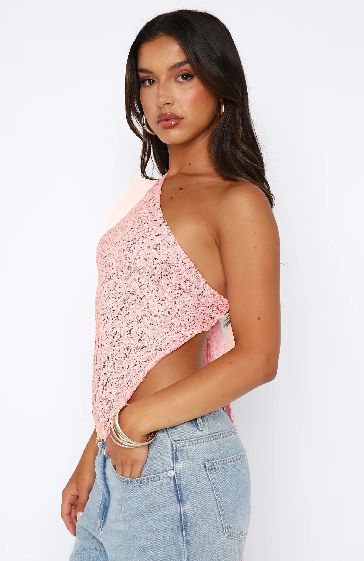 Women's One-Shoulder Lace Top – Floral Pattern – Asymmetrical Hem – Elegant Design | Ponty