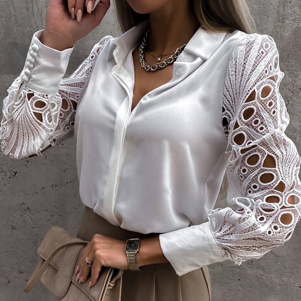 Women's Blouse - Silky Finish - Lace Long Sleeves - Button-Down Elegant Style | Ponty