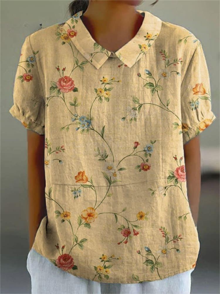 Women's Cotton-Linen Retro Floral Print Shirt | Ponty