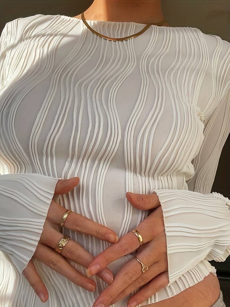 Women's Fitted Top - 3D Textured Pattern - High Neck - Long Sleeve Stretch Fabric | Ponty