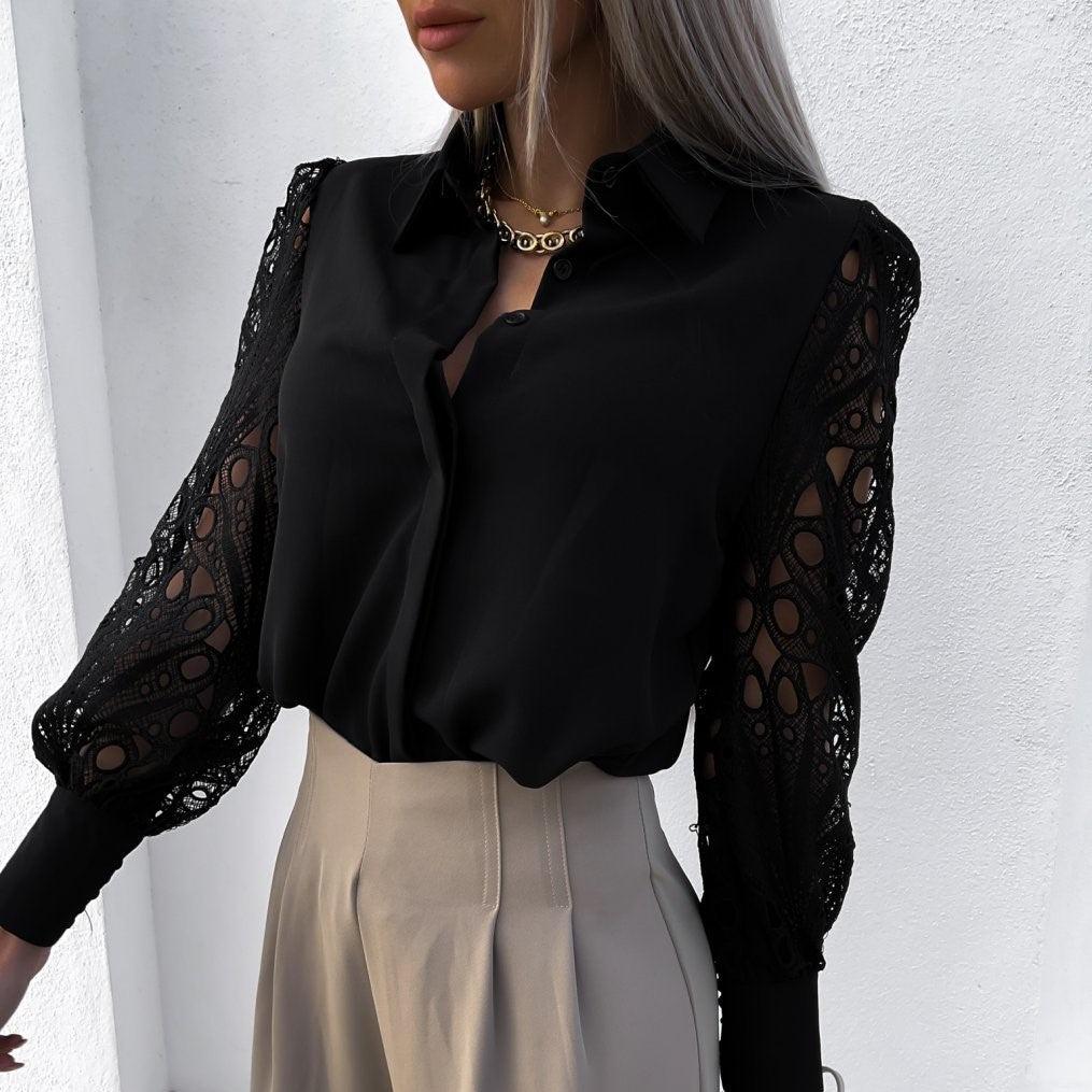 Women's Blouse - Silky Finish - Lace Long Sleeves - Button-Down Elegant Style | Ponty