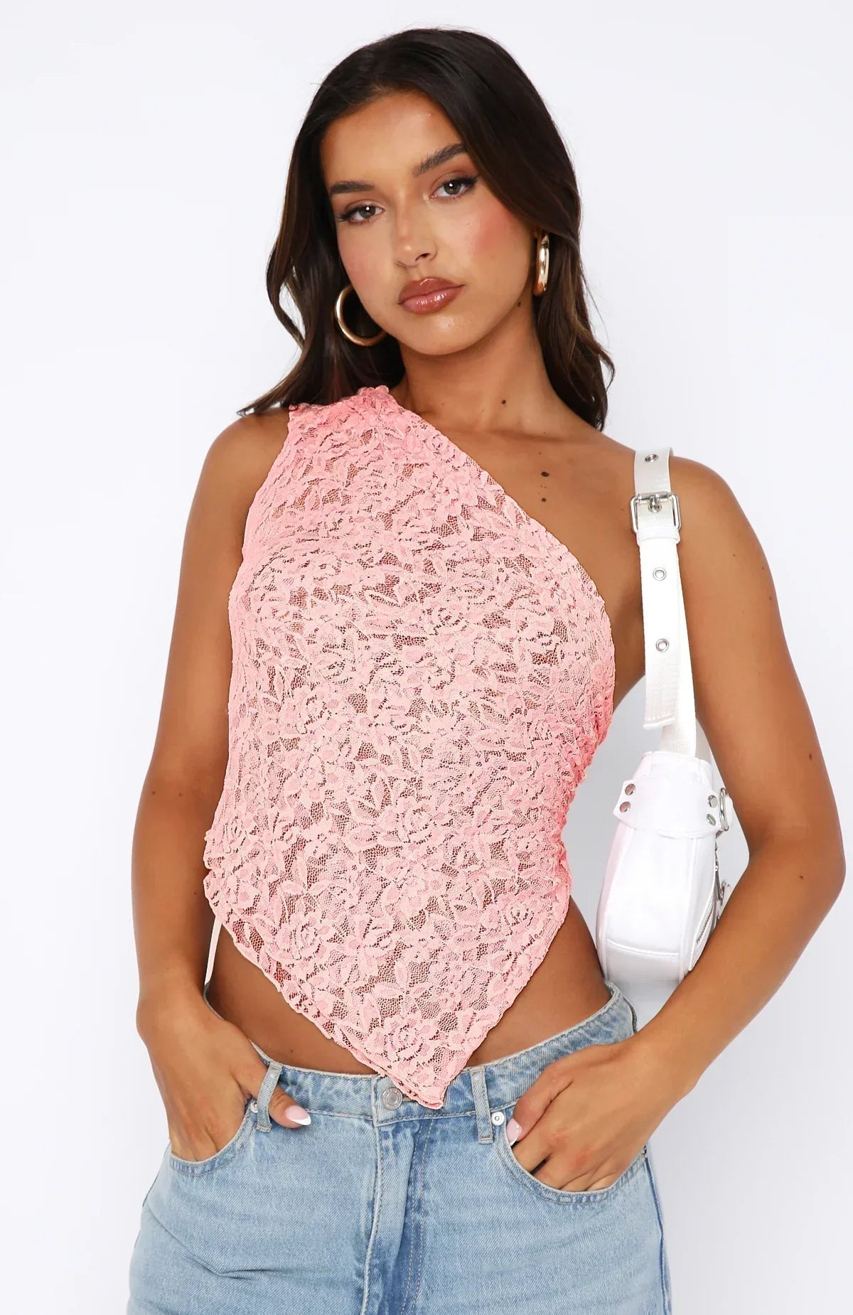 Women's One-Shoulder Lace Top – Floral Pattern – Asymmetrical Hem – Elegant Design | Ponty