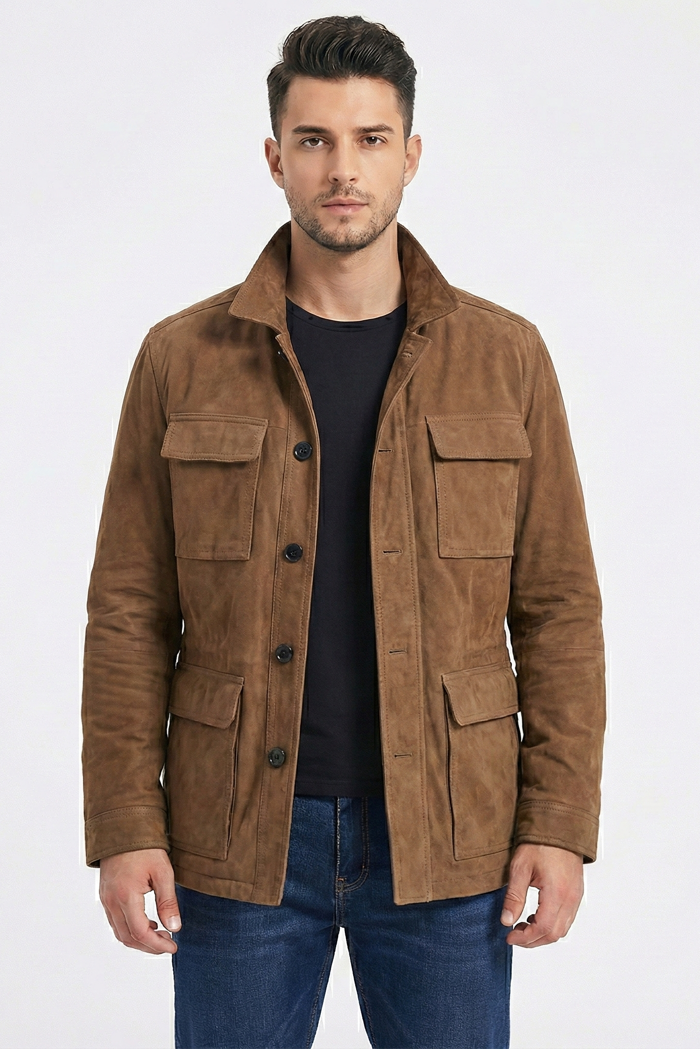 Men's Vintage Lapel Multi Pocket Solid Suede Jacket | Ponty