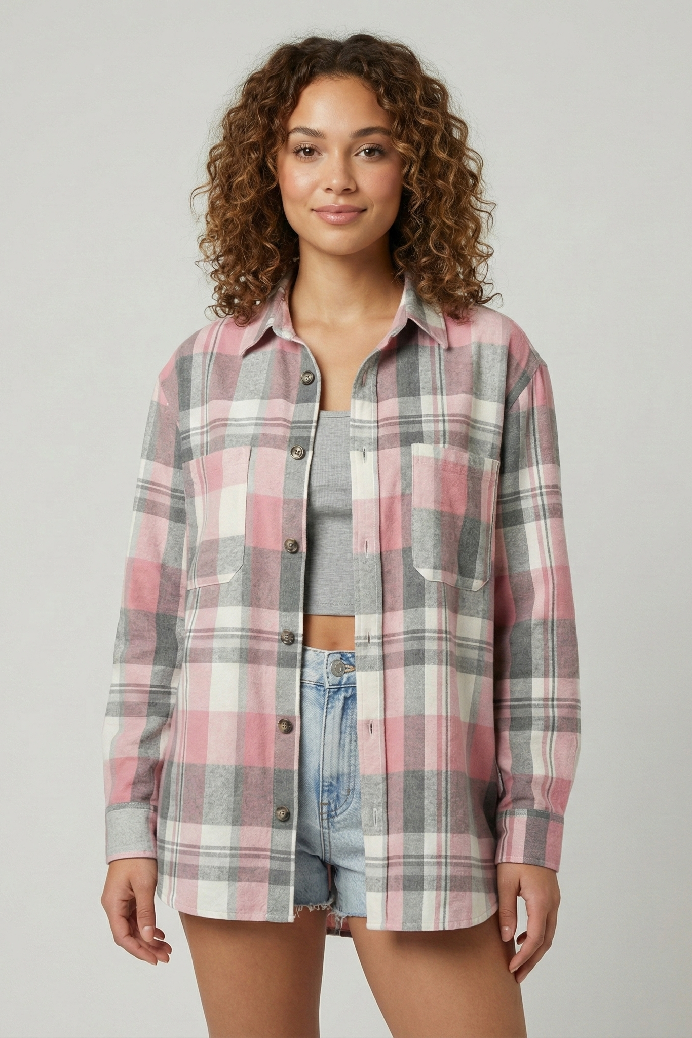 Pink Plaid Long Sleeve Outerwear | Ponty