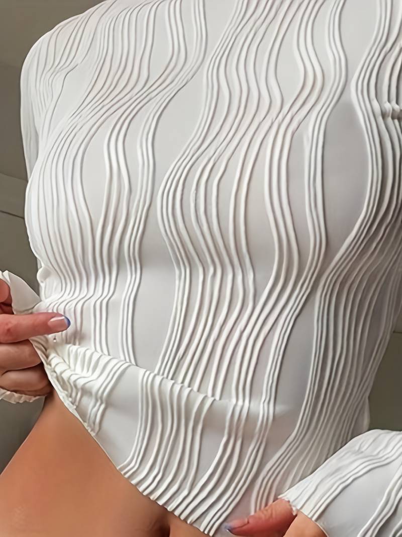 Women's Fitted Top - 3D Textured Pattern - High Neck - Long Sleeve Stretch Fabric | Ponty