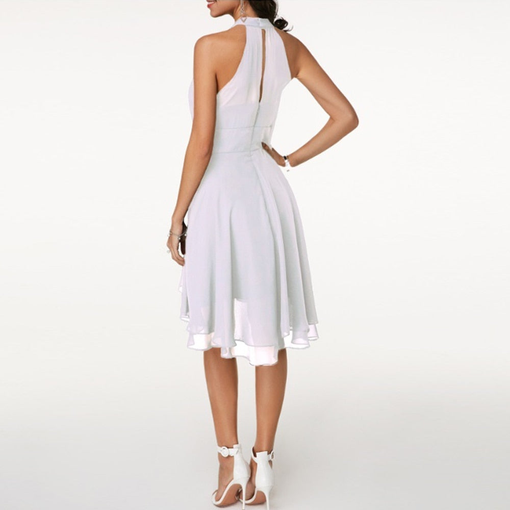 Women's Dress - Halter Neck - Sleeveless - High-Low Layered Skirt - Fitted Waist | Ponty