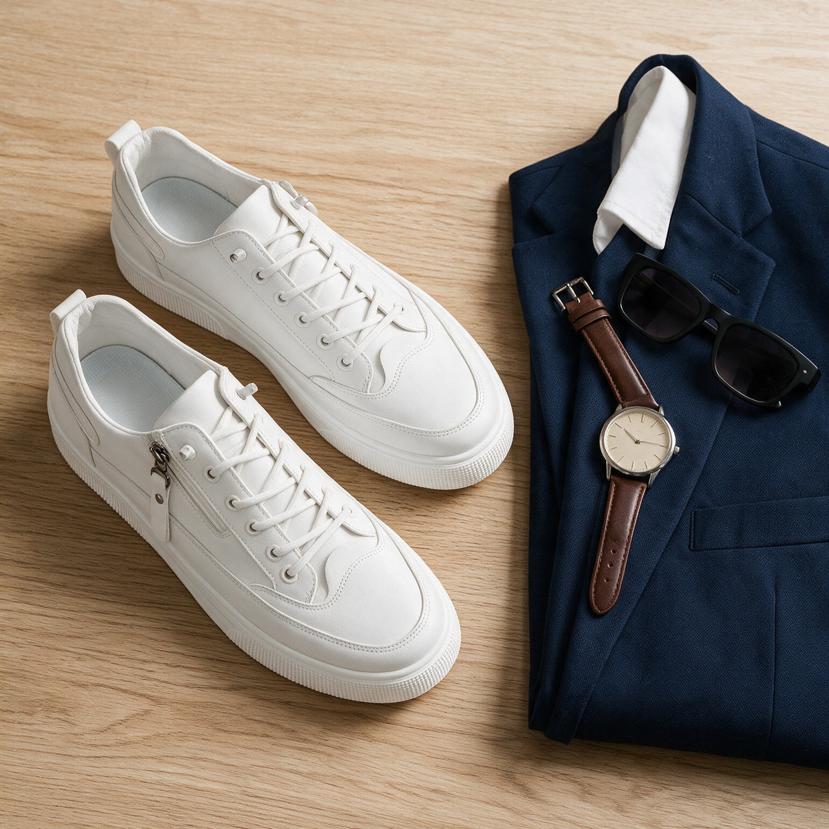 Ashford trainers in White with a navy blazer and watch