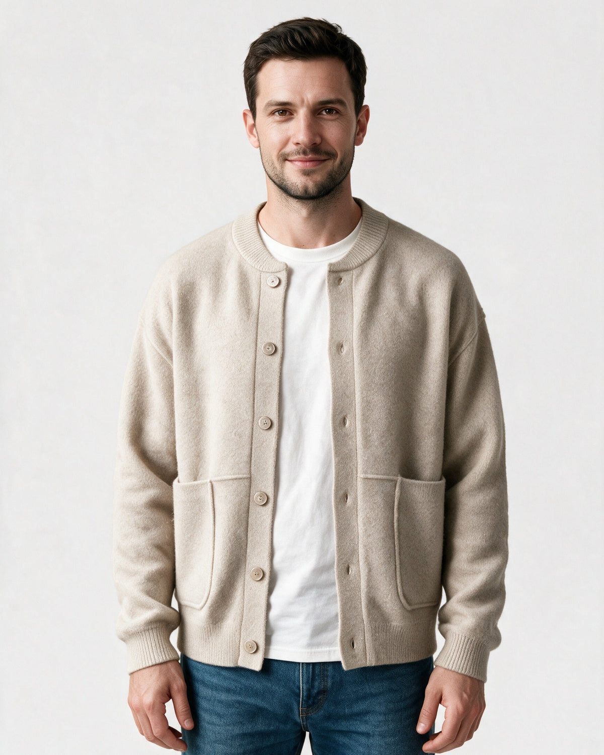 Beaufort casual cardigan in beige, front view
