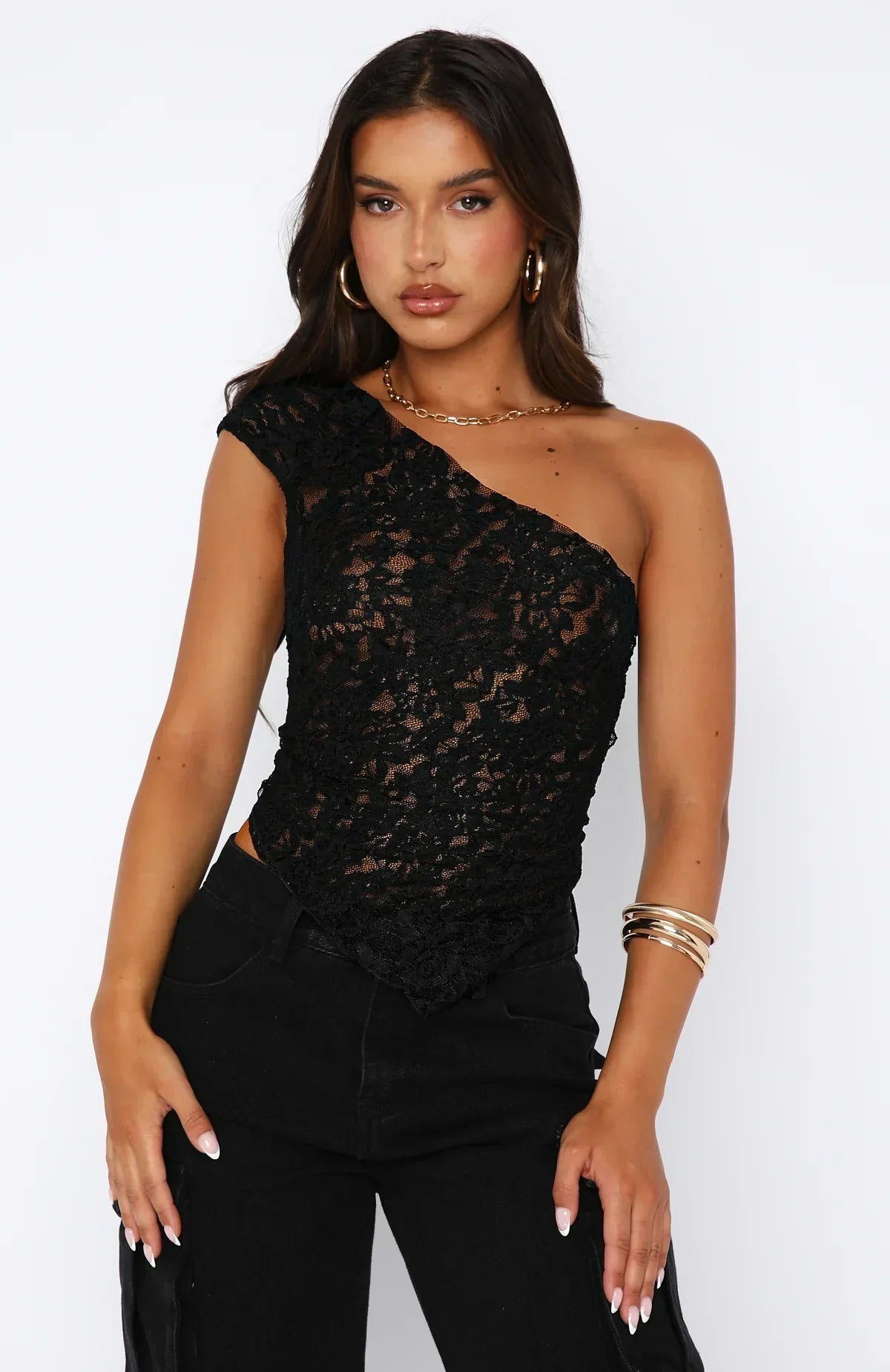 Women's One-Shoulder Lace Top – Floral Pattern – Asymmetrical Hem – Elegant Design | Ponty