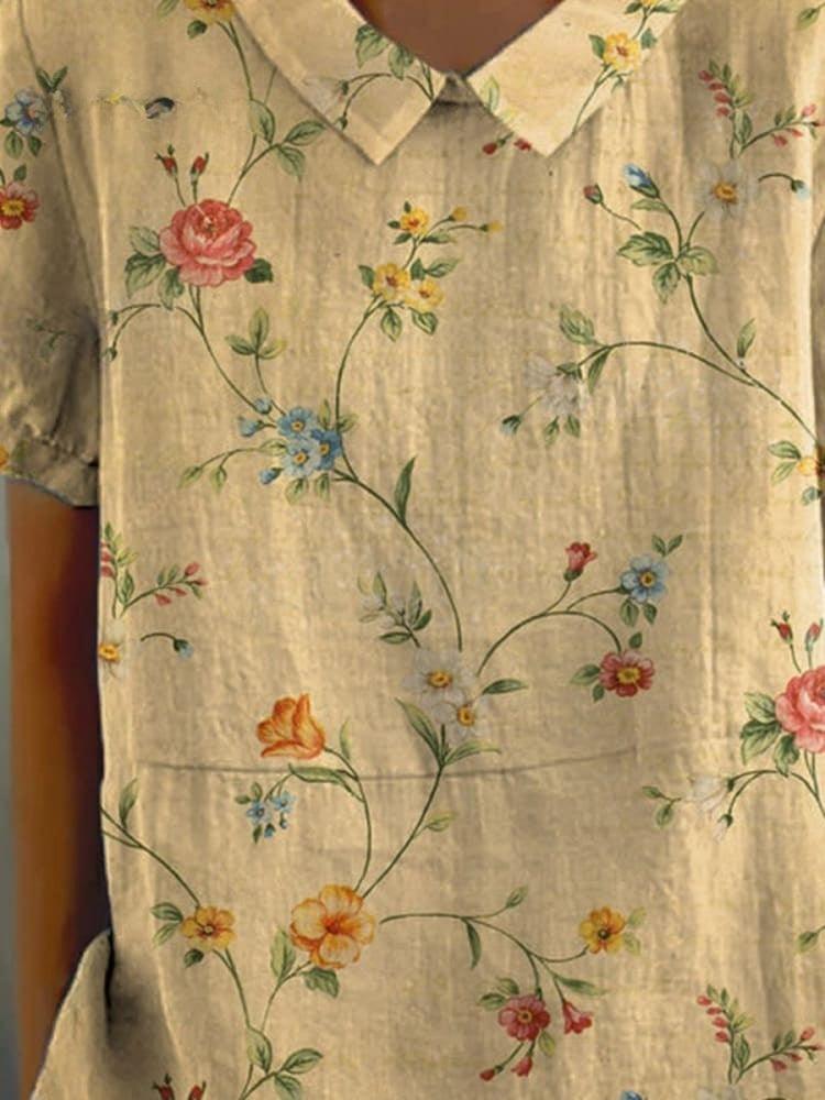 Women's Cotton-Linen Retro Floral Print Shirt | Ponty