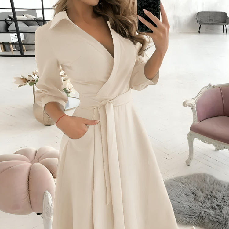 Women's Wrap Dress - V-Neck - Self-Tie Waist - 3/4 Sleeve