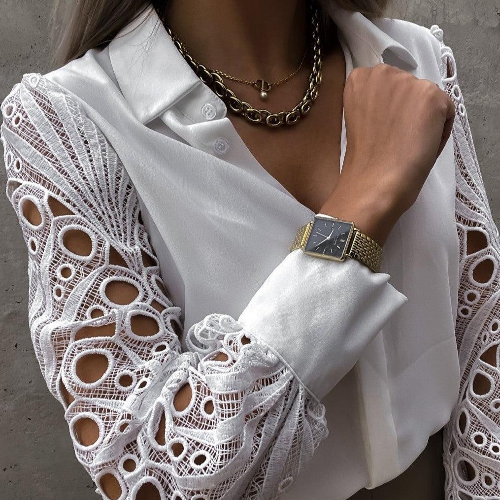 Women's Blouse - Silky Finish - Lace Long Sleeves - Button-Down Elegant Style | Ponty