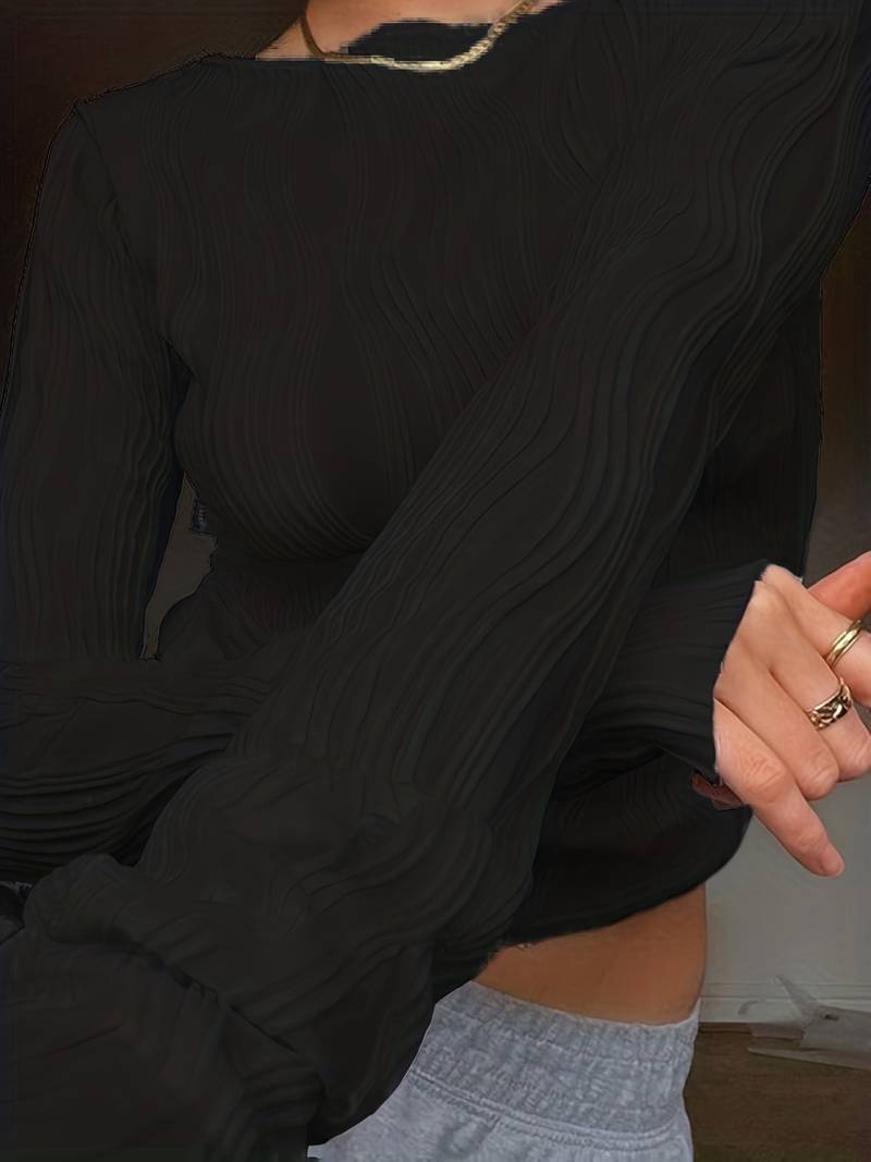 Women's Fitted Top - 3D Textured Pattern - High Neck - Long Sleeve Stretch Fabric | Ponty