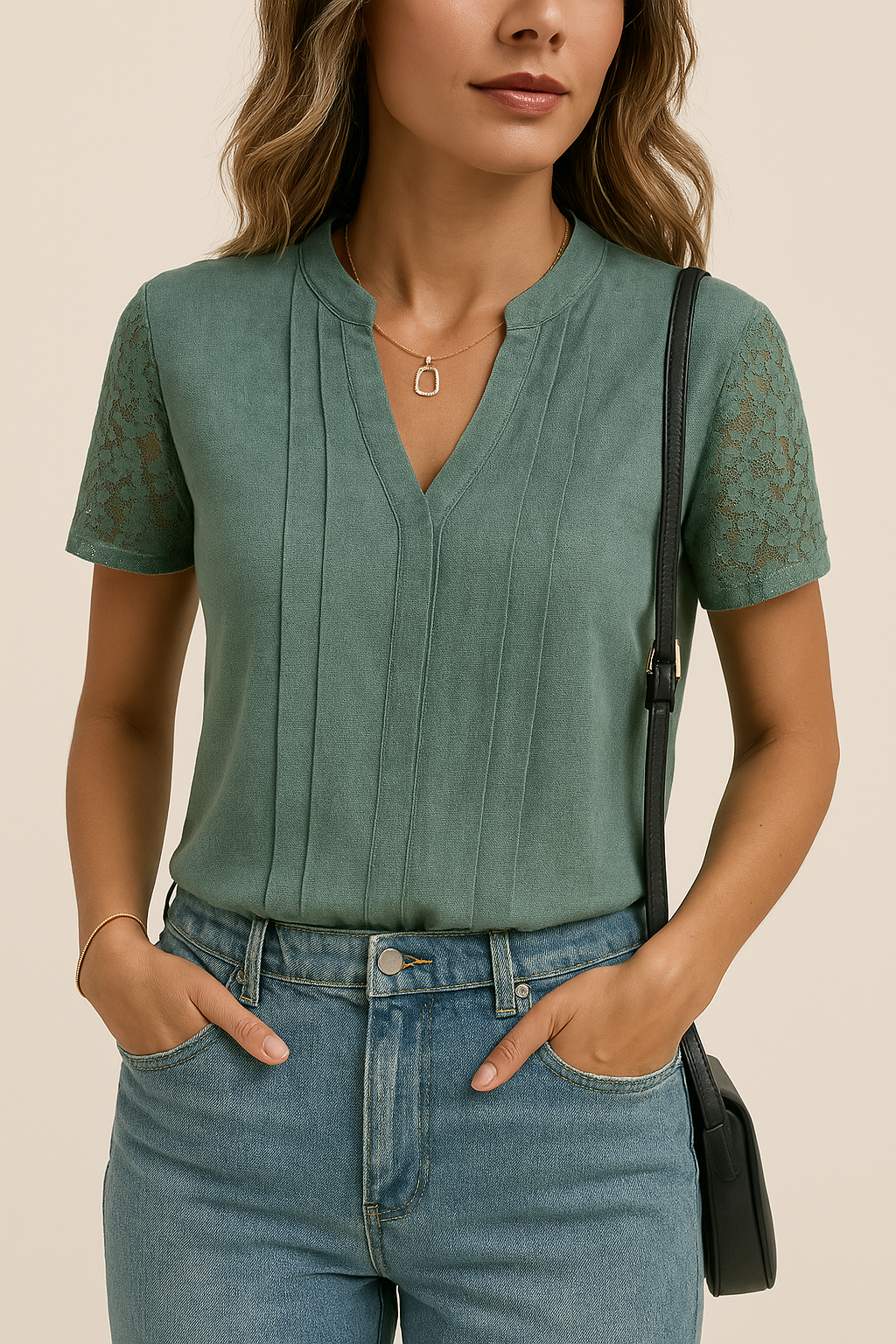 Women’s V-Neck T-Shirt – Lace Sleeve – Relaxed Fit – Soft Breathable Cotton Blend | Ponty