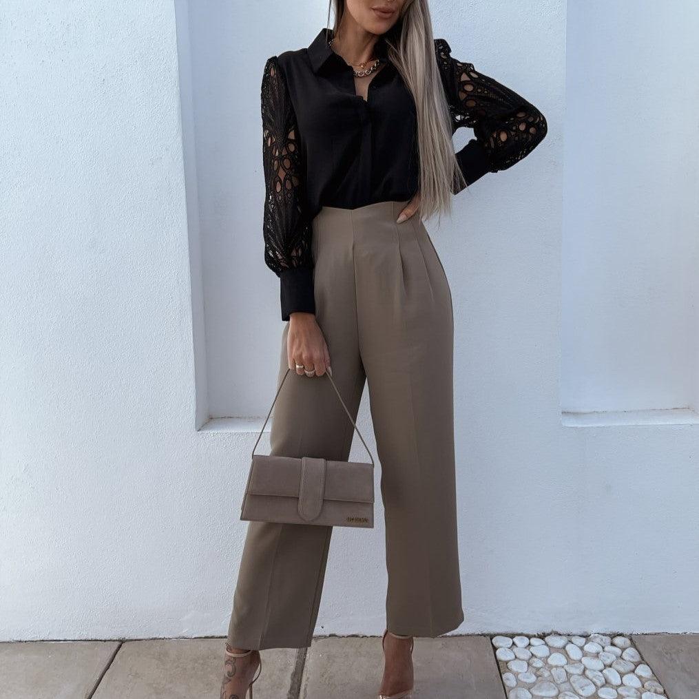 Women's Blouse - Silky Finish - Lace Long Sleeves - Button-Down Elegant Style | Ponty