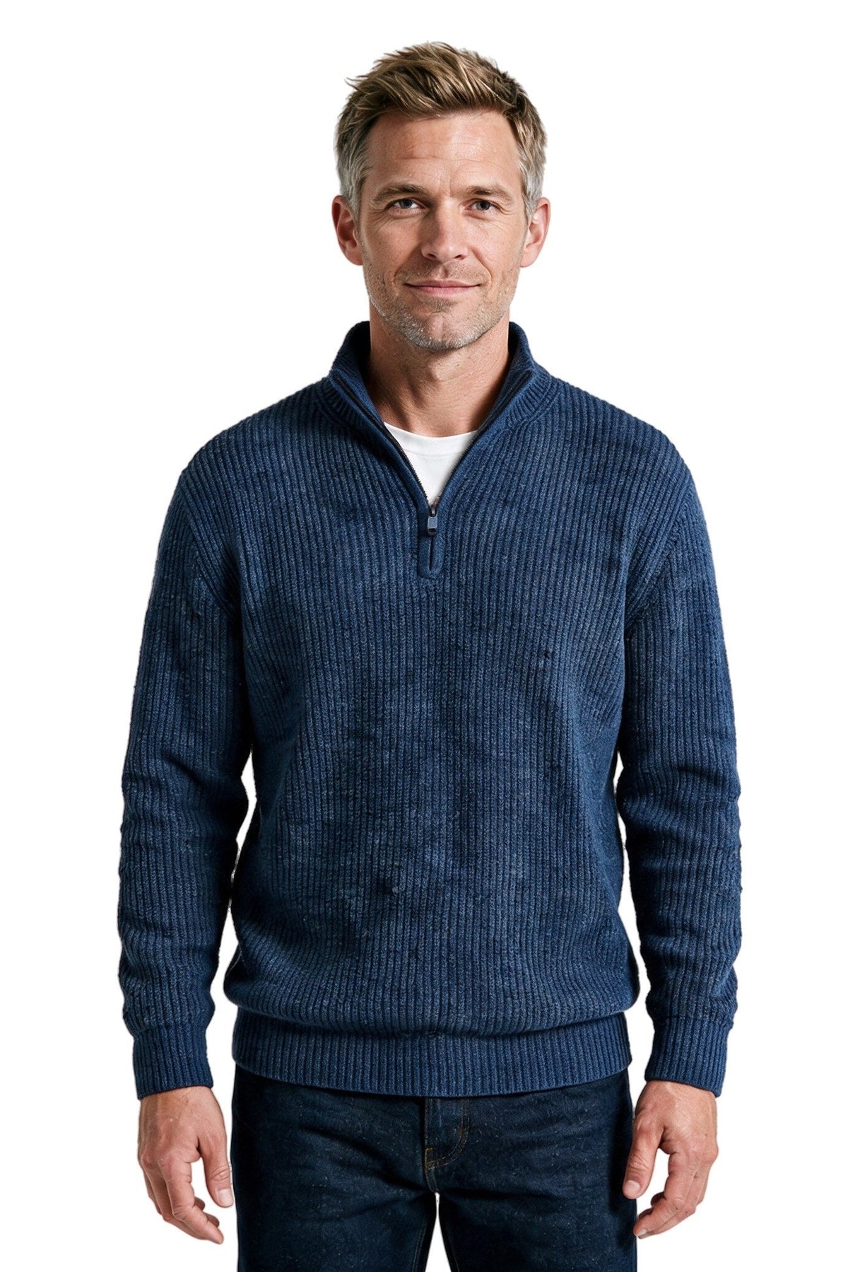 Men's Fints quarter-zip ribbed sweater in dark blue, front view