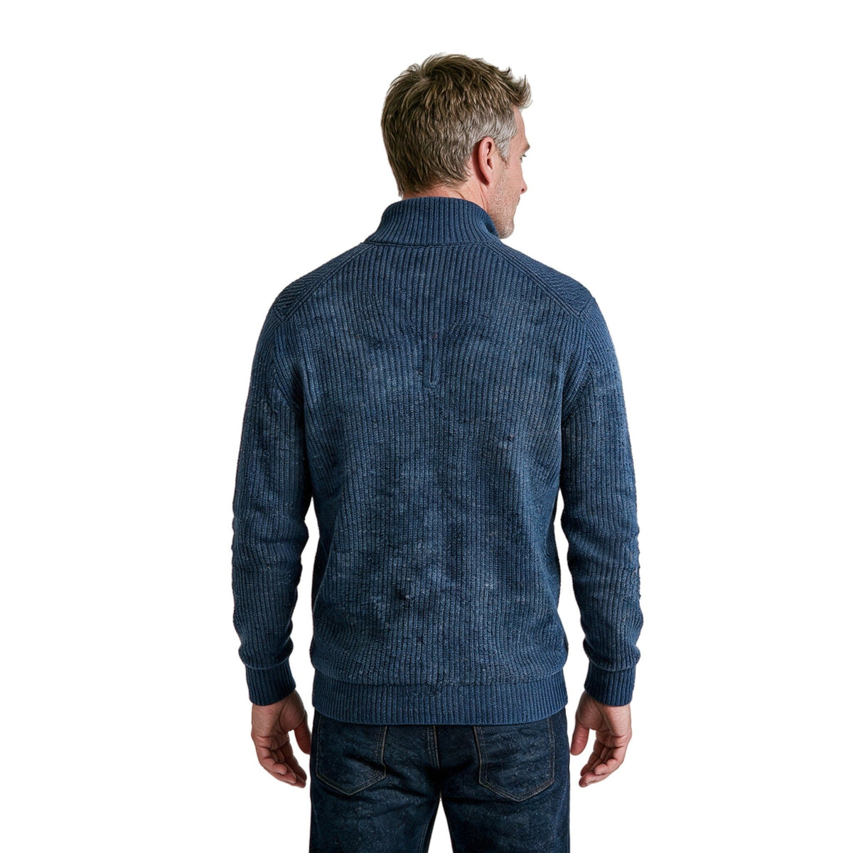 Men's Fints sweater, back view showing the collar and ribbed hem