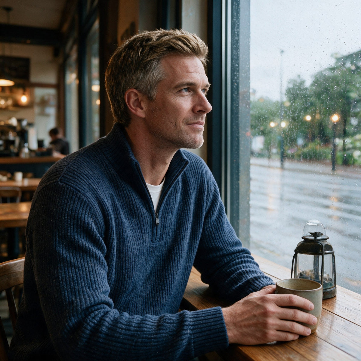 Man wearing the Fints sweater at a cafe table on a rainy afternoon