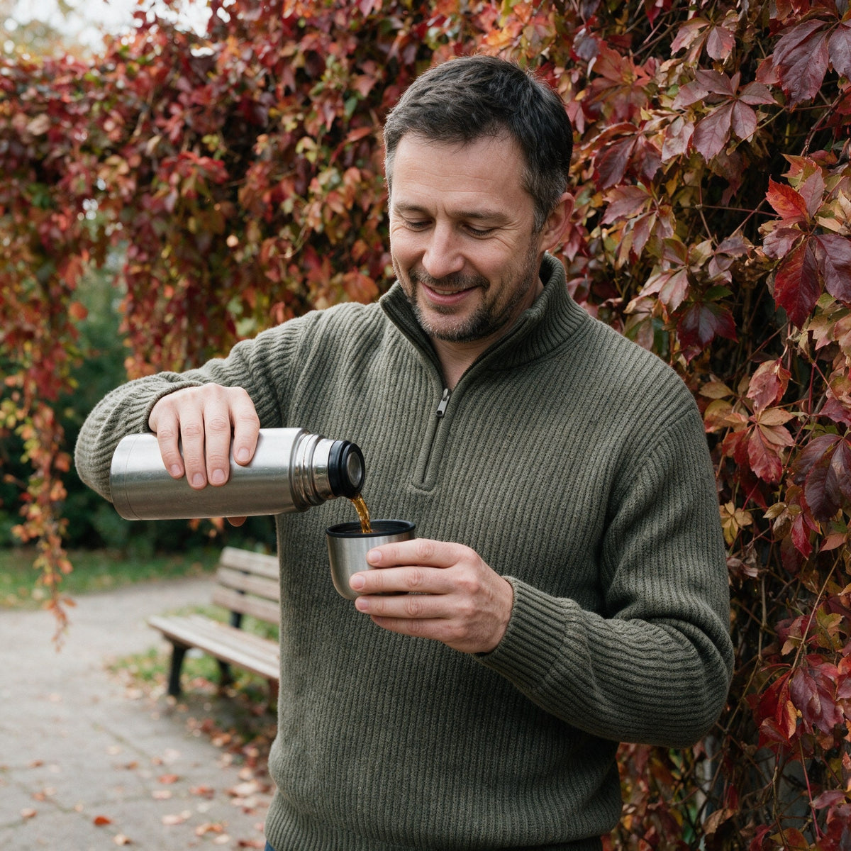 Man wearing the Fints sweater in olive green outdoors in autumn