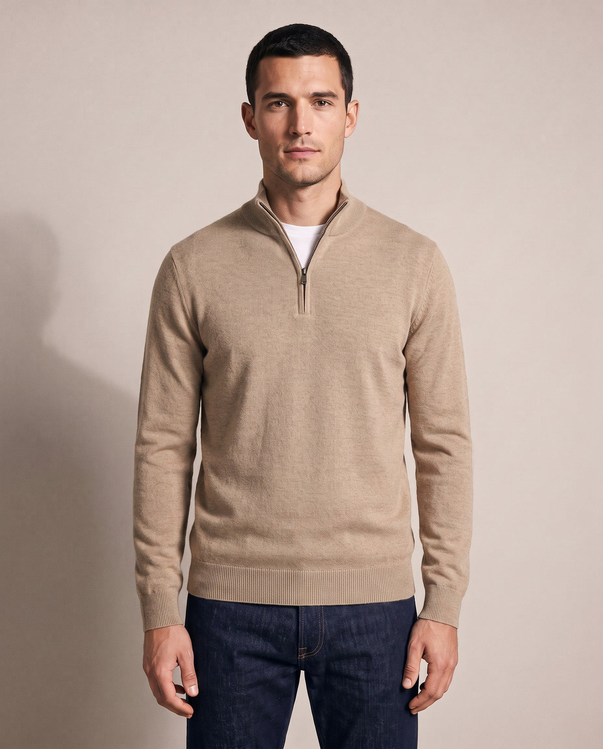 Santous half-zip sweater in beige, front view
