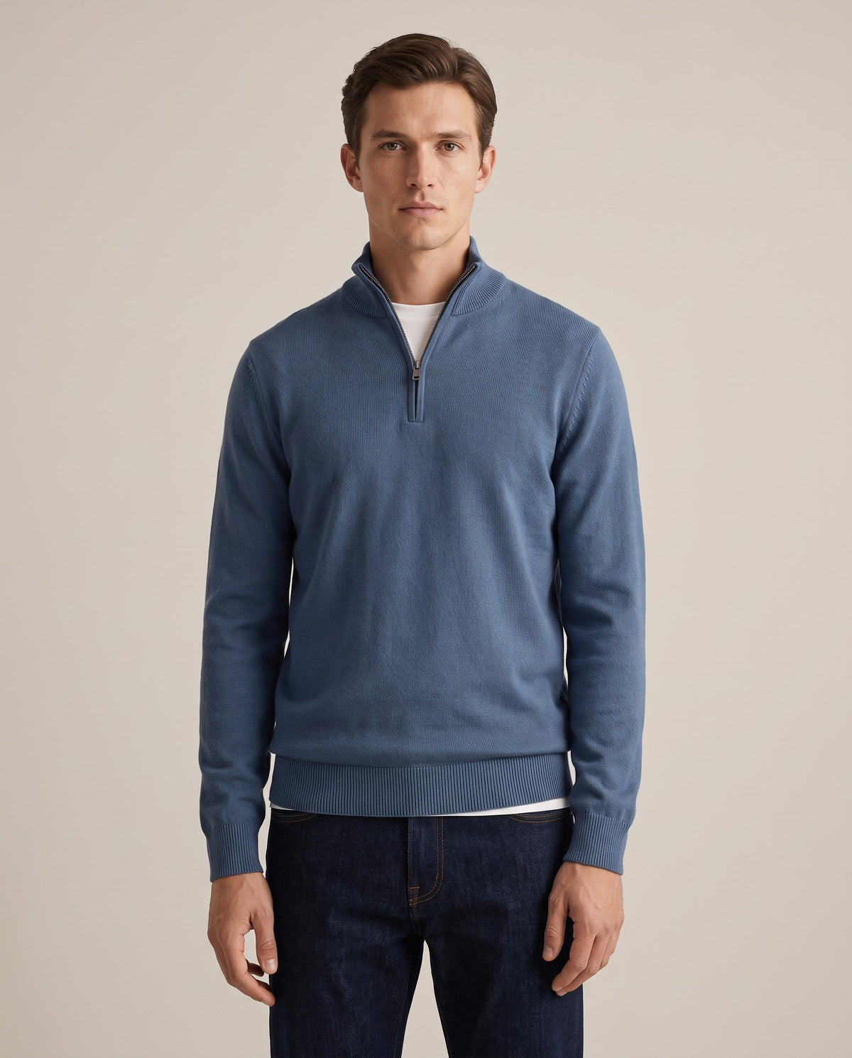 Santous half-zip sweater in blue, front view