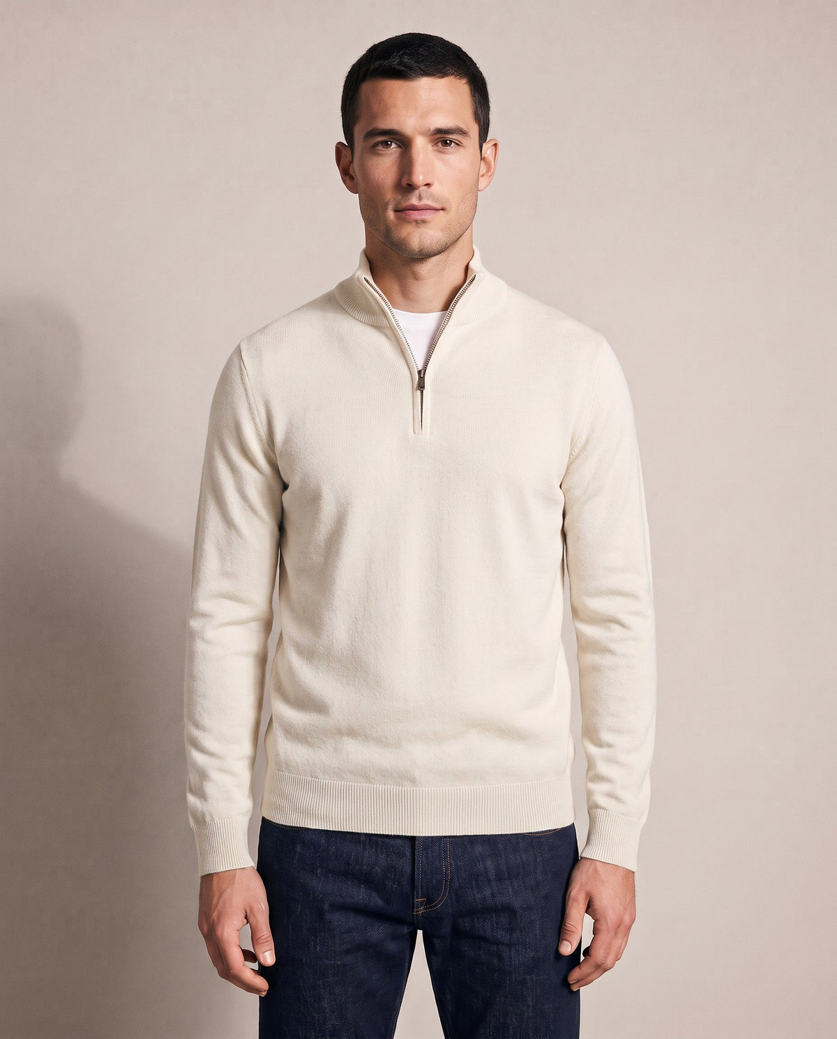 Santous half-zip sweater in off-white, front view