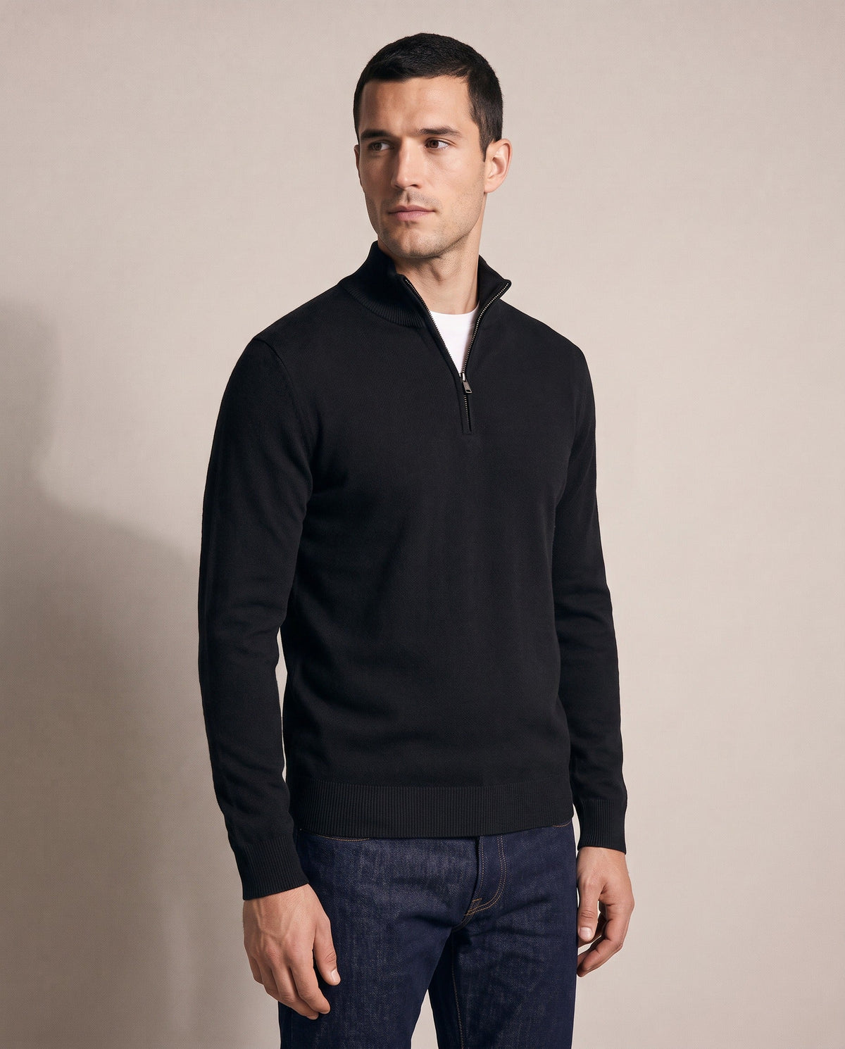 Santous half-zip sweater in black, three-quarter view