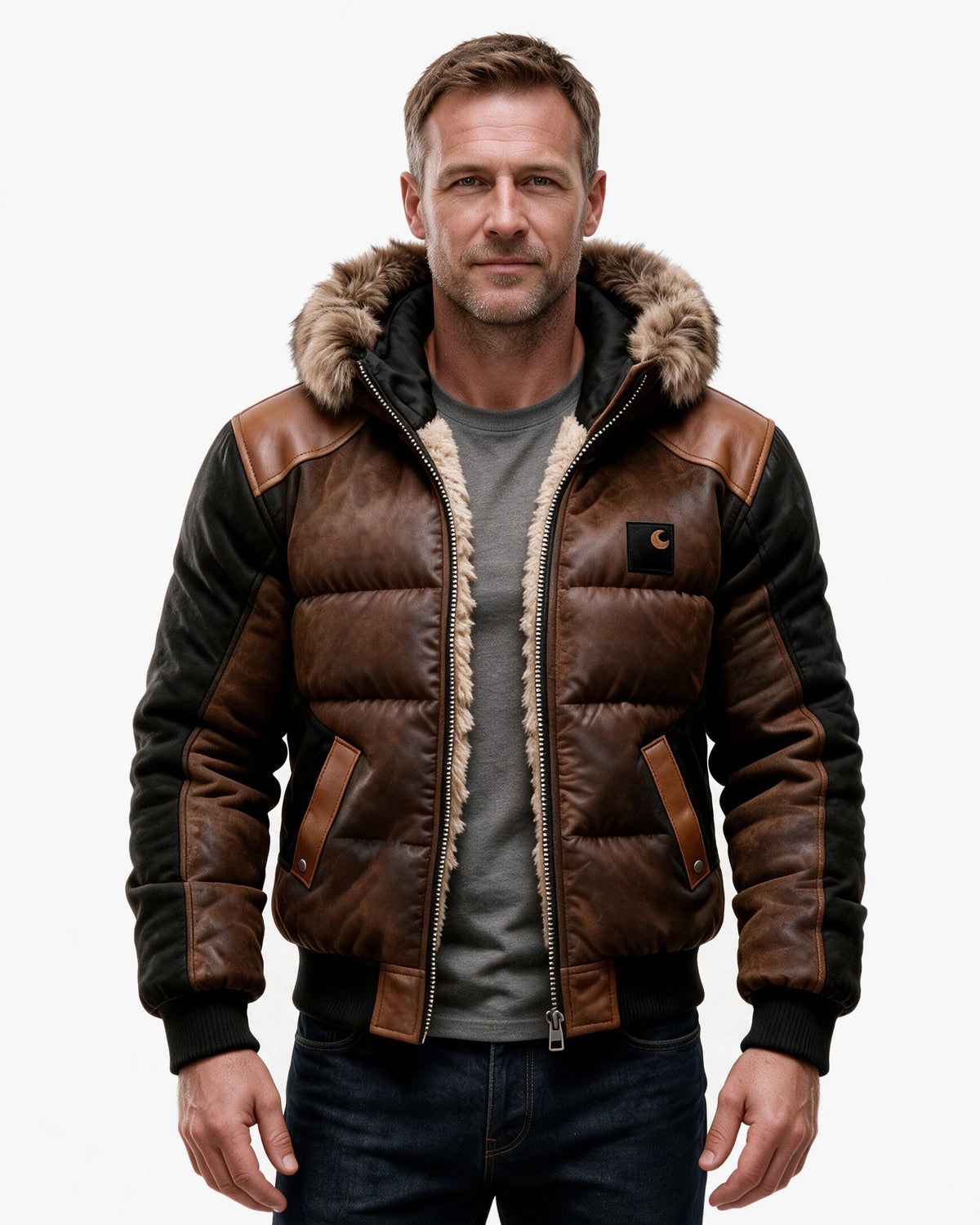 Stanhope hooded quilted jacket in Brown, front view