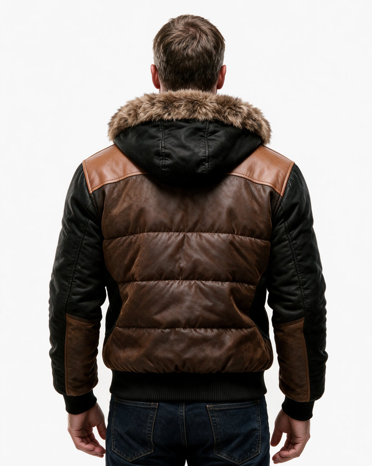 Stanhope hooded quilted jacket in Brown, back view