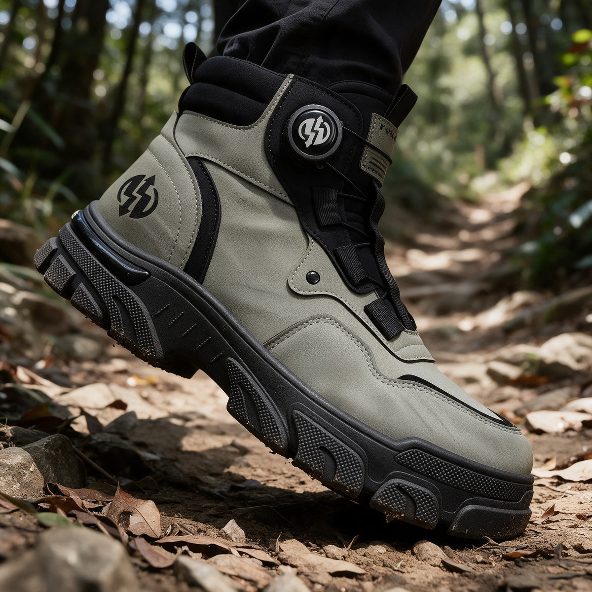 Torque boot in Green on a forest trail