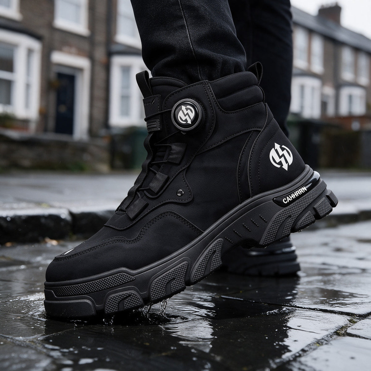 Torque boots in Black on a wet street