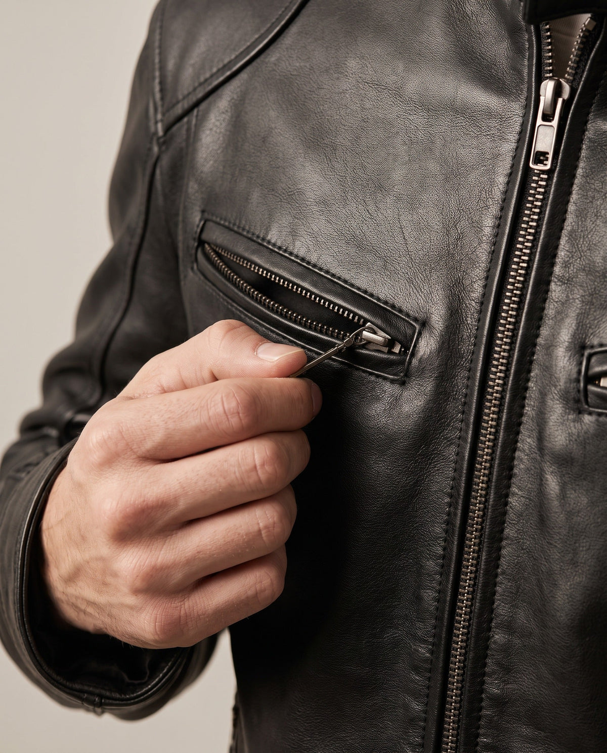Close-up of the zipped chest pocket