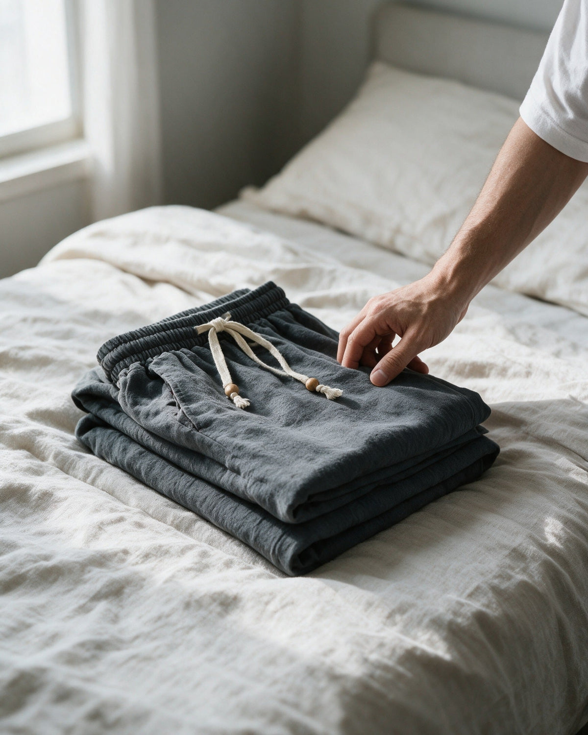 Whitby drawstring trousers in Charcoal, folded on a bed
