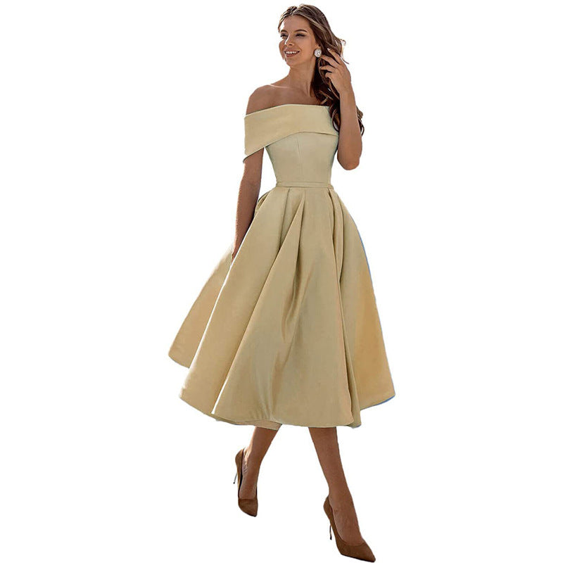Women's Off-Shoulder A-Line Dress - Elegant Fit - Pleated Flared Skirt - Formal Wear | Ponty