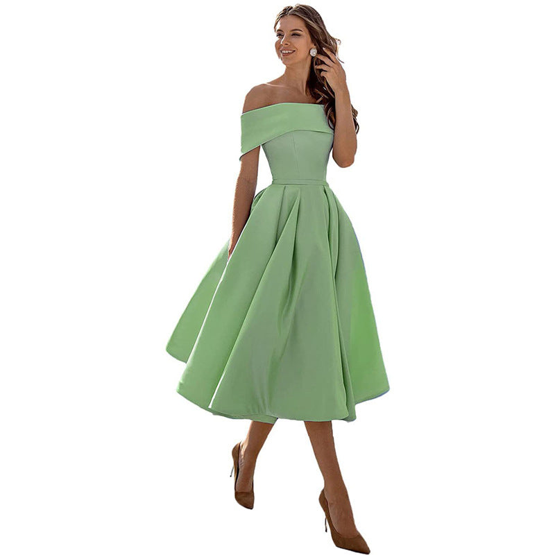 Women's Off-Shoulder A-Line Dress - Elegant Fit - Pleated Flared Skirt - Formal Wear | Ponty
