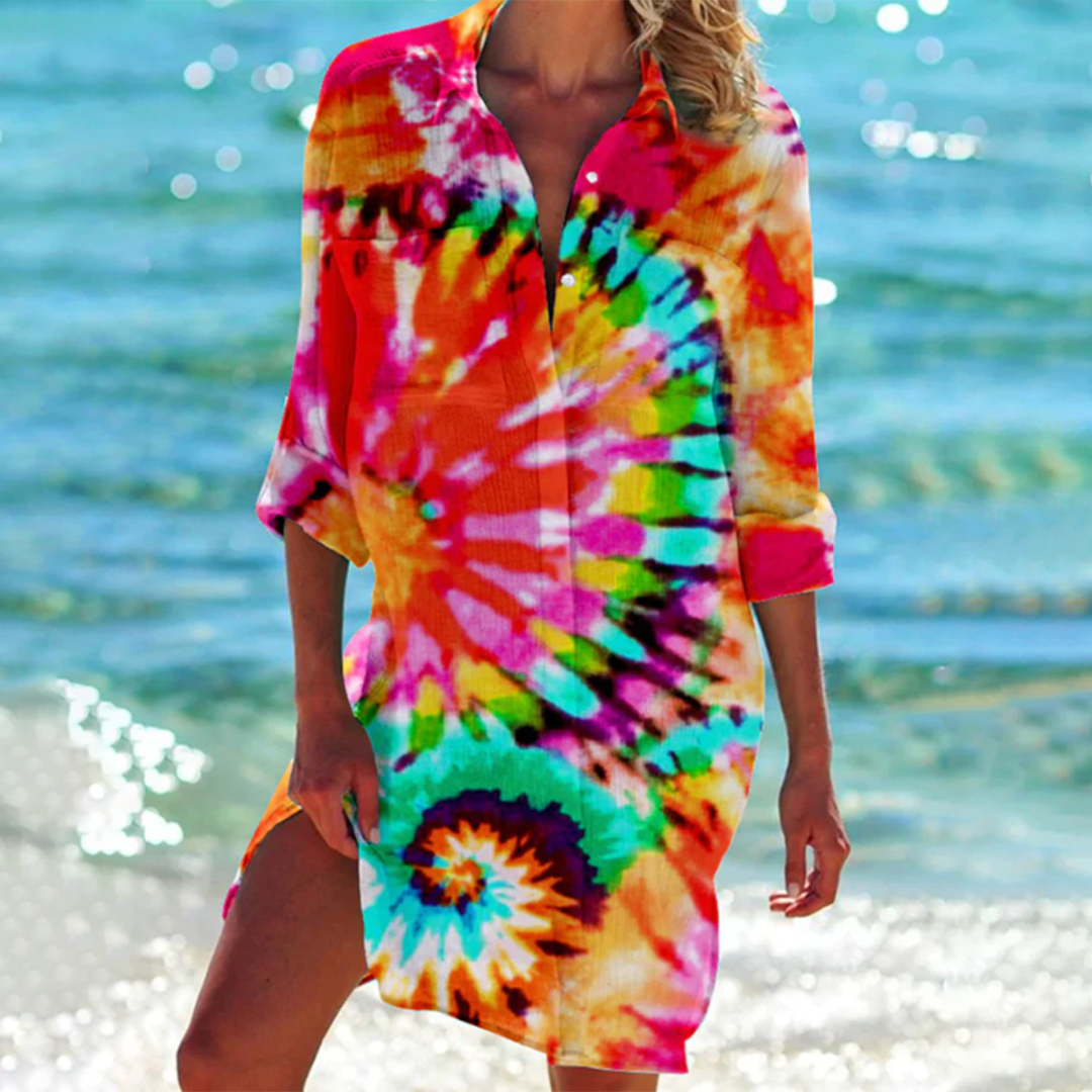 Women's Boho Short Dress - Flowy Lightweight Fabric - V-Neck Casual Wear | Ponty