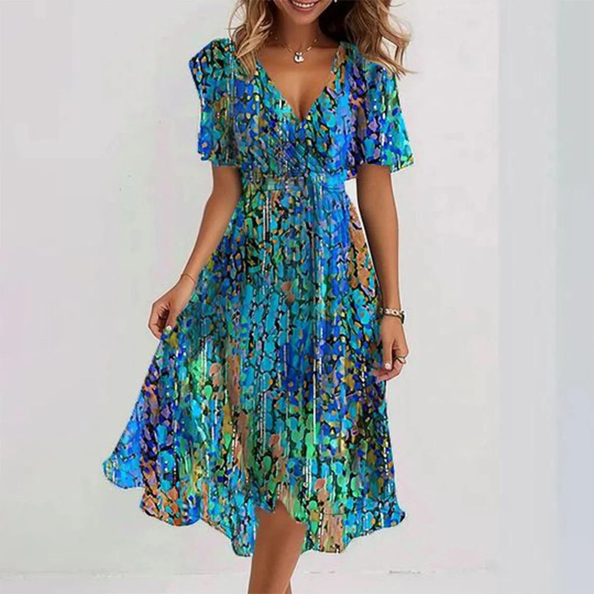 Women's Wrap Dress - V-Neck - Short Flutter Sleeve - Cinched Waist - Midi A-Line | Ponty