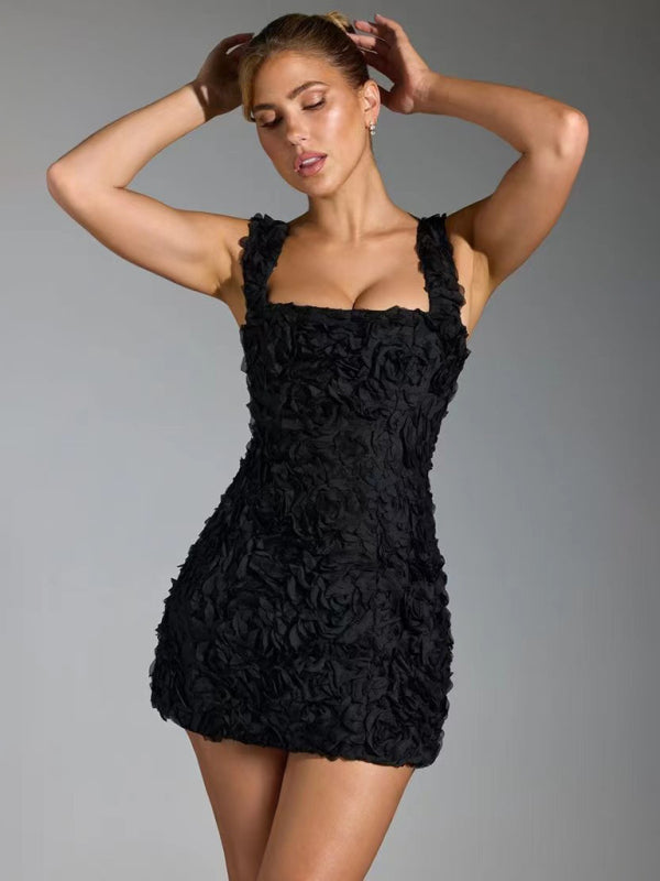 Women’s Mini Dress – Fitted Silhouette – 3D Floral Appliqué – Straight Neckline | Ponty
