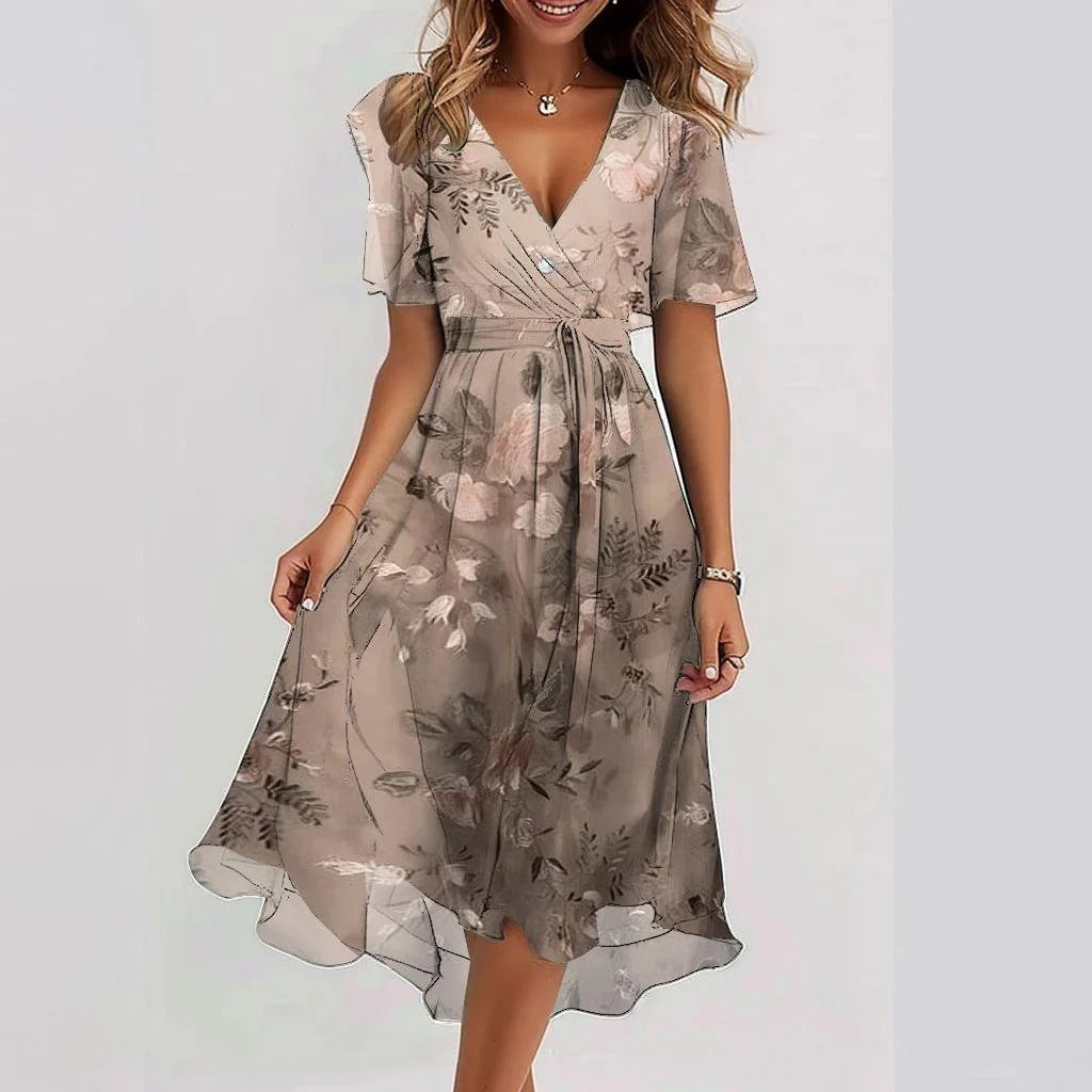 Women's Wrap Dress - V-Neck - Short Flutter Sleeve - Cinched Waist - Midi A-Line | Ponty