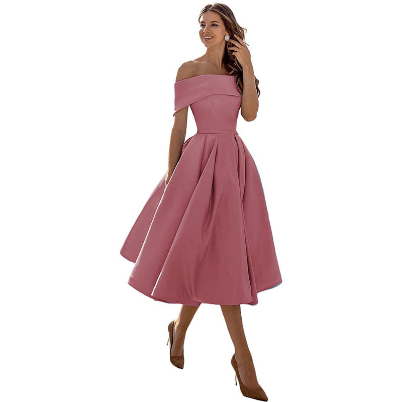 Women's Off-Shoulder A-Line Dress - Elegant Fit - Pleated Flared Skirt - Formal Wear | Ponty