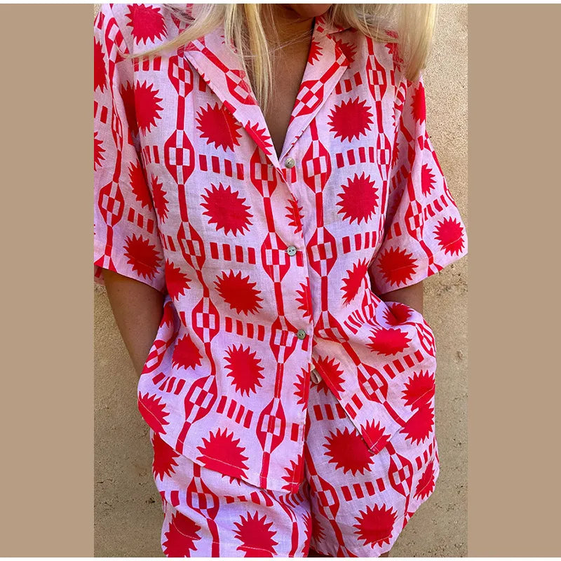 Women's Co-ord Cotton Set - Relaxed Fit - Button-Up Shirt & Elastic Waist Shorts - Geometric Print | Ponty