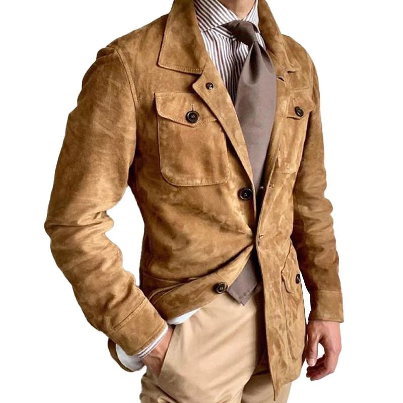 Men's Vintage Solid Suede Lapel Multi-Pocket Jacket | Ponty