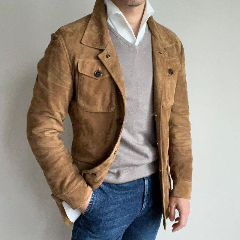 Men's Vintage Solid Suede Lapel Multi-Pocket Jacket | Ponty