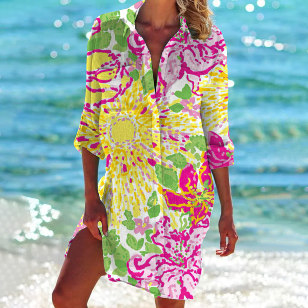 Women's Boho Short Dress - Flowy Lightweight Fabric - V-Neck Casual Wear | Ponty