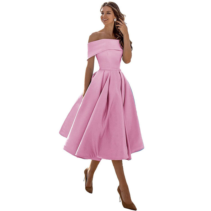 Women's Off-Shoulder A-Line Dress - Elegant Fit - Pleated Flared Skirt - Formal Wear | Ponty