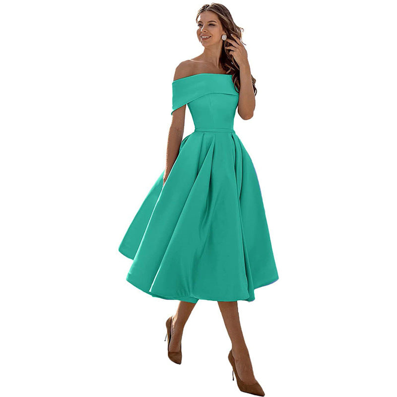 Women's Off-Shoulder A-Line Dress - Elegant Fit - Pleated Flared Skirt - Formal Wear | Ponty