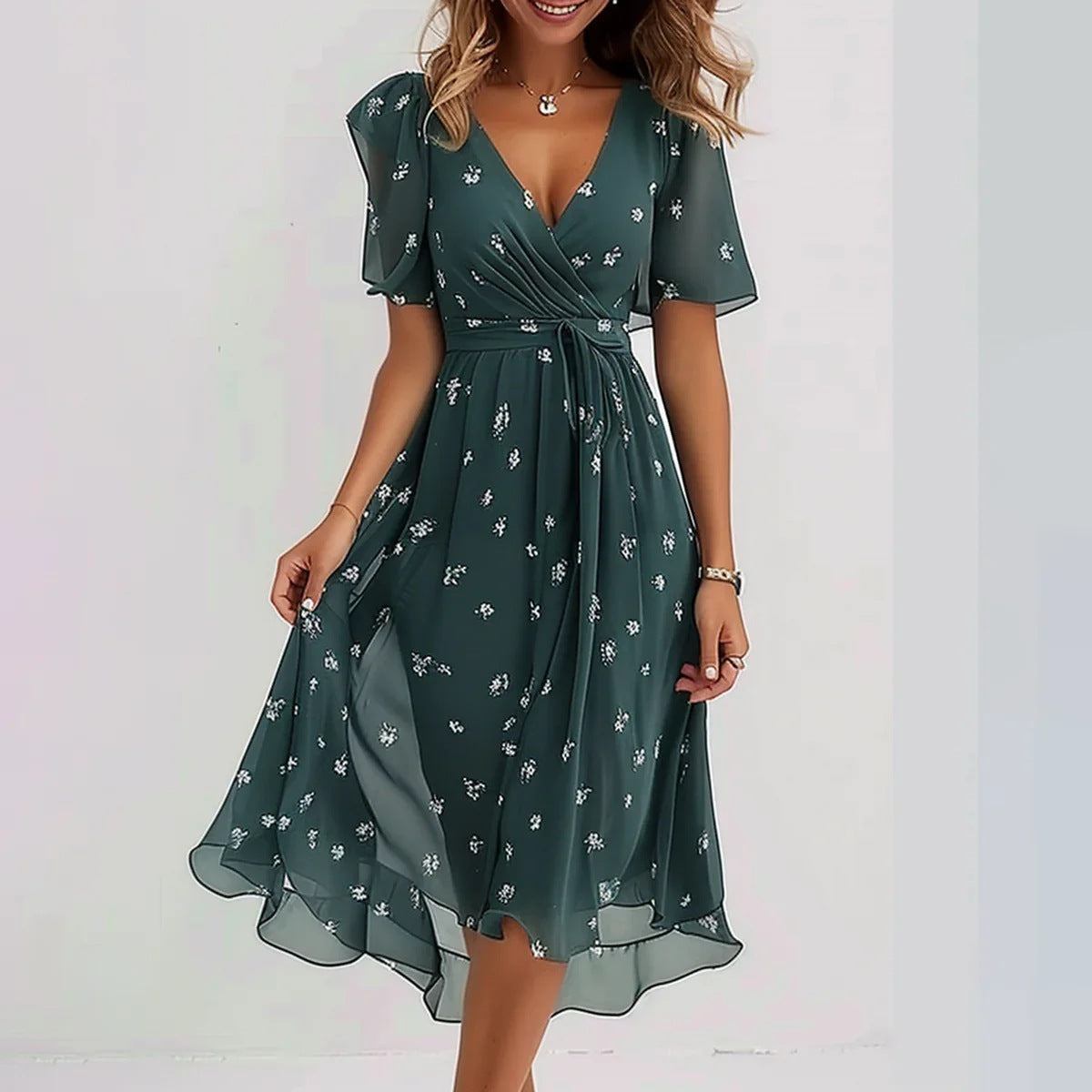 Women's Wrap Dress - V-Neck - Short Flutter Sleeve - Cinched Waist - Midi A-Line | Ponty