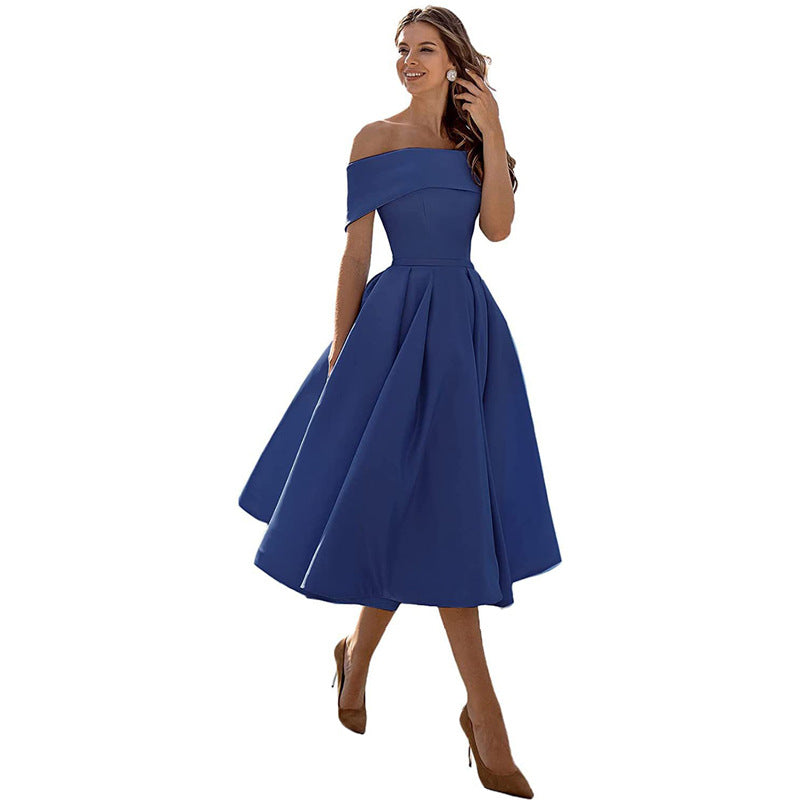Women's Off-Shoulder A-Line Dress - Elegant Fit - Pleated Flared Skirt - Formal Wear | Ponty