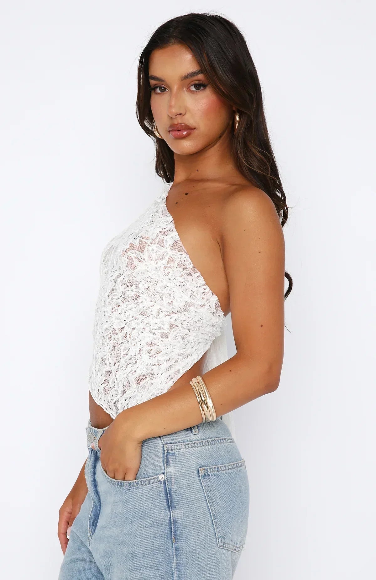 Women's One-Shoulder Lace Top – Floral Pattern – Asymmetrical Hem – Elegant Design | Ponty