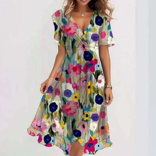 Women's Wrap Dress - V-Neck - Short Flutter Sleeve - Cinched Waist - Midi A-Line | Ponty